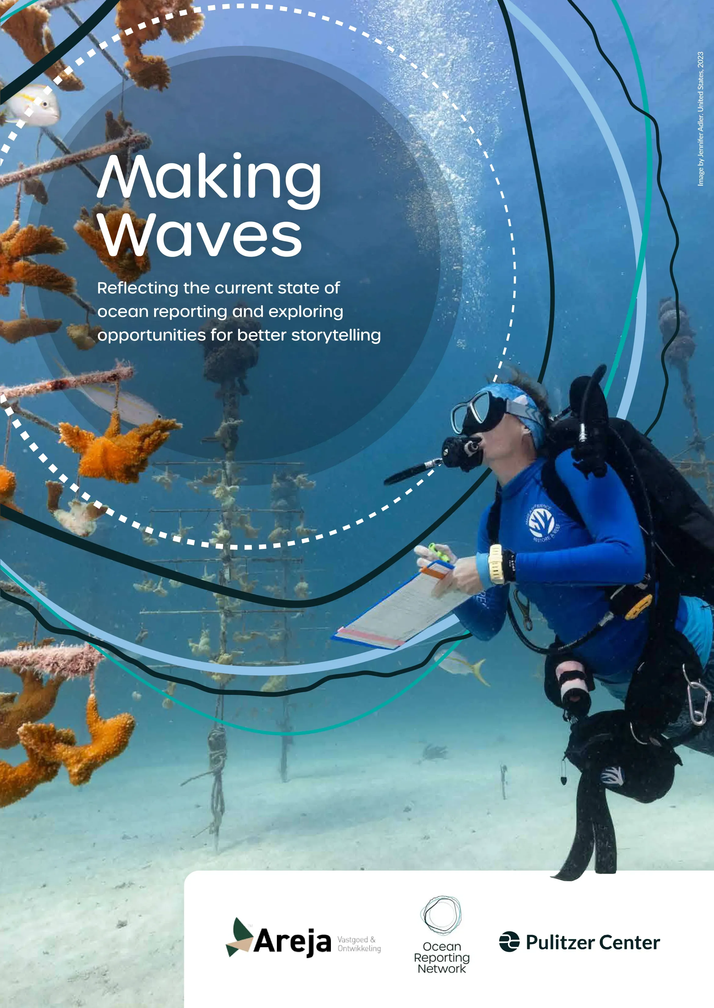 Image of scientist diving to observe corals, with text "Making Waves: Reflecting the current state of ocean reporting and exploring opportunities for better storytelling"